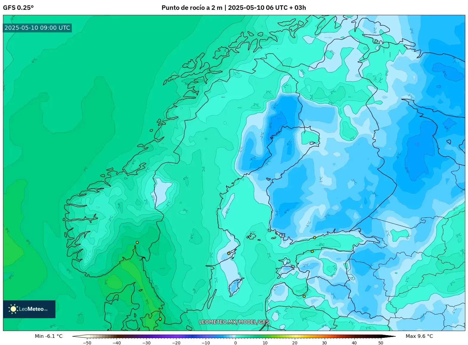 GFS - Escandinavia, Punto de rocío a 2 m GFS - Escandinavia, Punto de rocío a 2 m