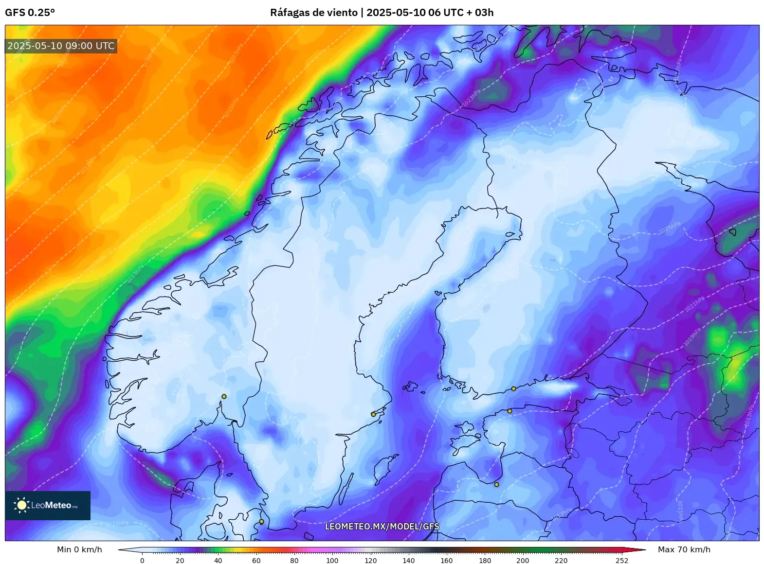 GFS - Escandinavia, Ráfagas de viento GFS - Escandinavia, Ráfagas de viento