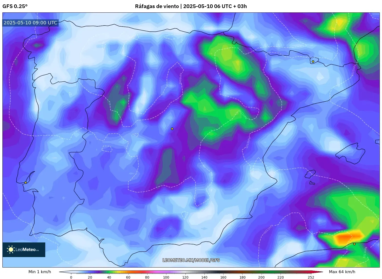 GFS - España, Ráfagas de viento GFS - España, Ráfagas de viento