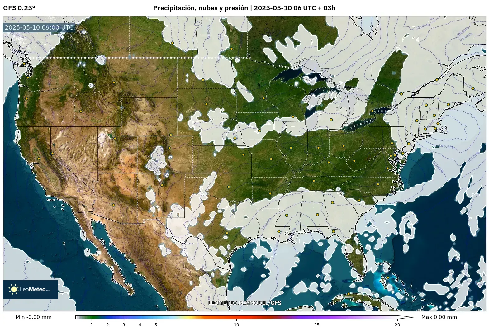 GFS - Estados Unidos, Precipitación, nubes y presión GFS - Estados Unidos, Precipitación, nubes y presión