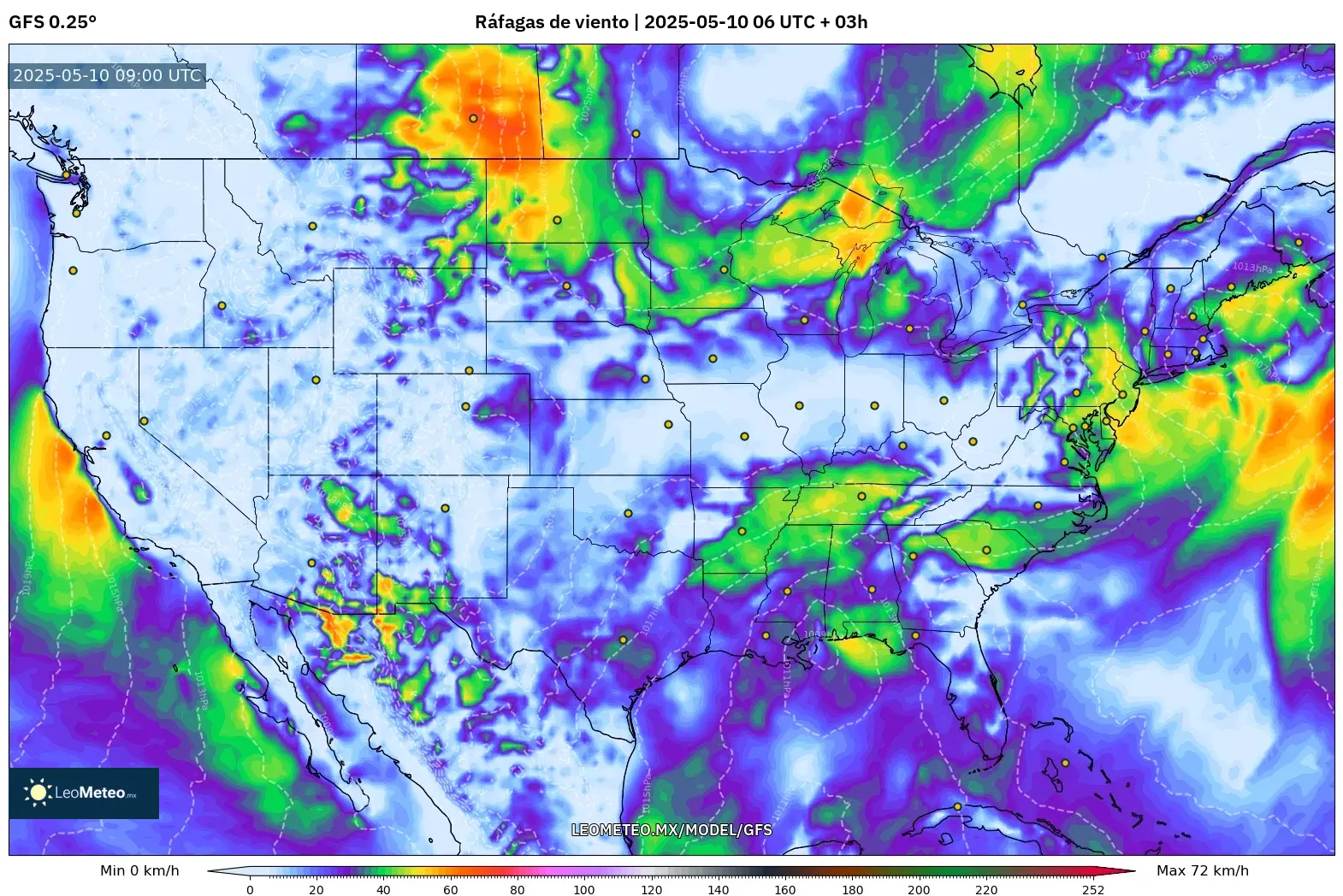 GFS - Estados Unidos, Ráfagas de viento GFS - Estados Unidos, Ráfagas de viento