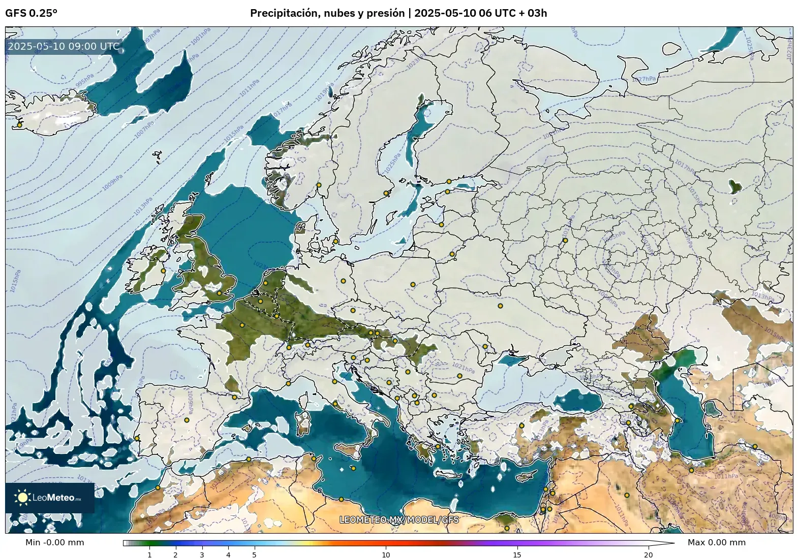 GFS - Europa, Precipitación, nubes y presión