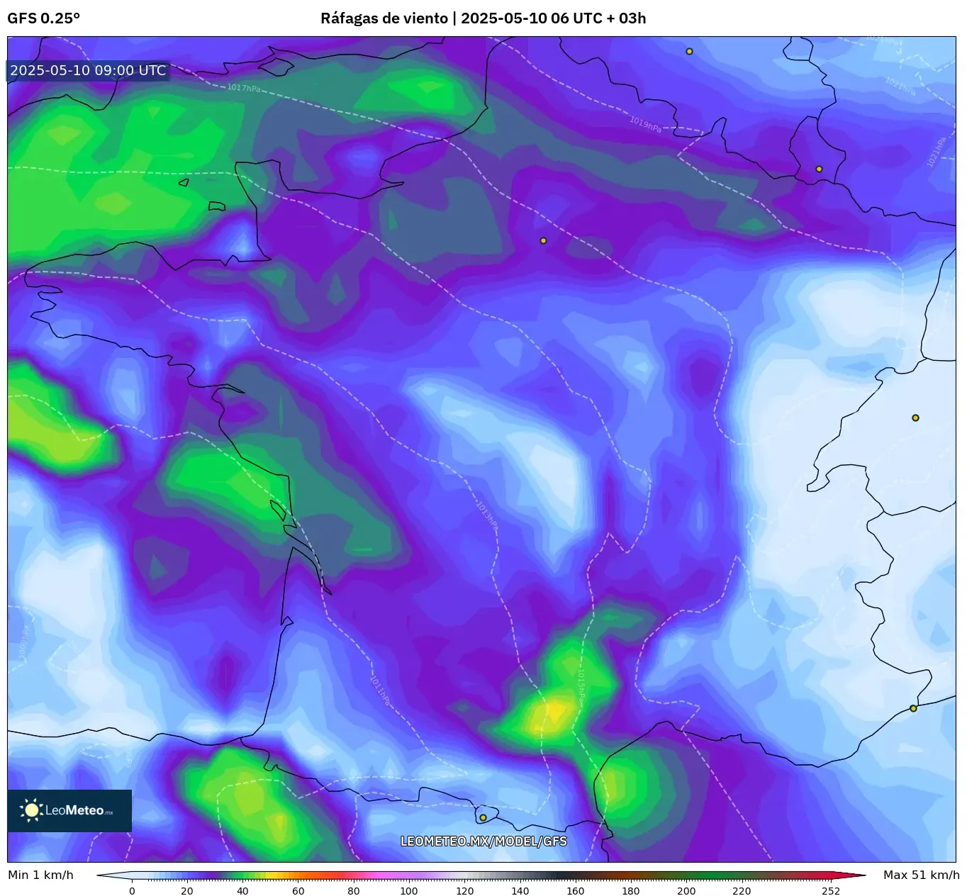 GFS - Francia, Ráfagas de viento GFS - Francia, Ráfagas de viento