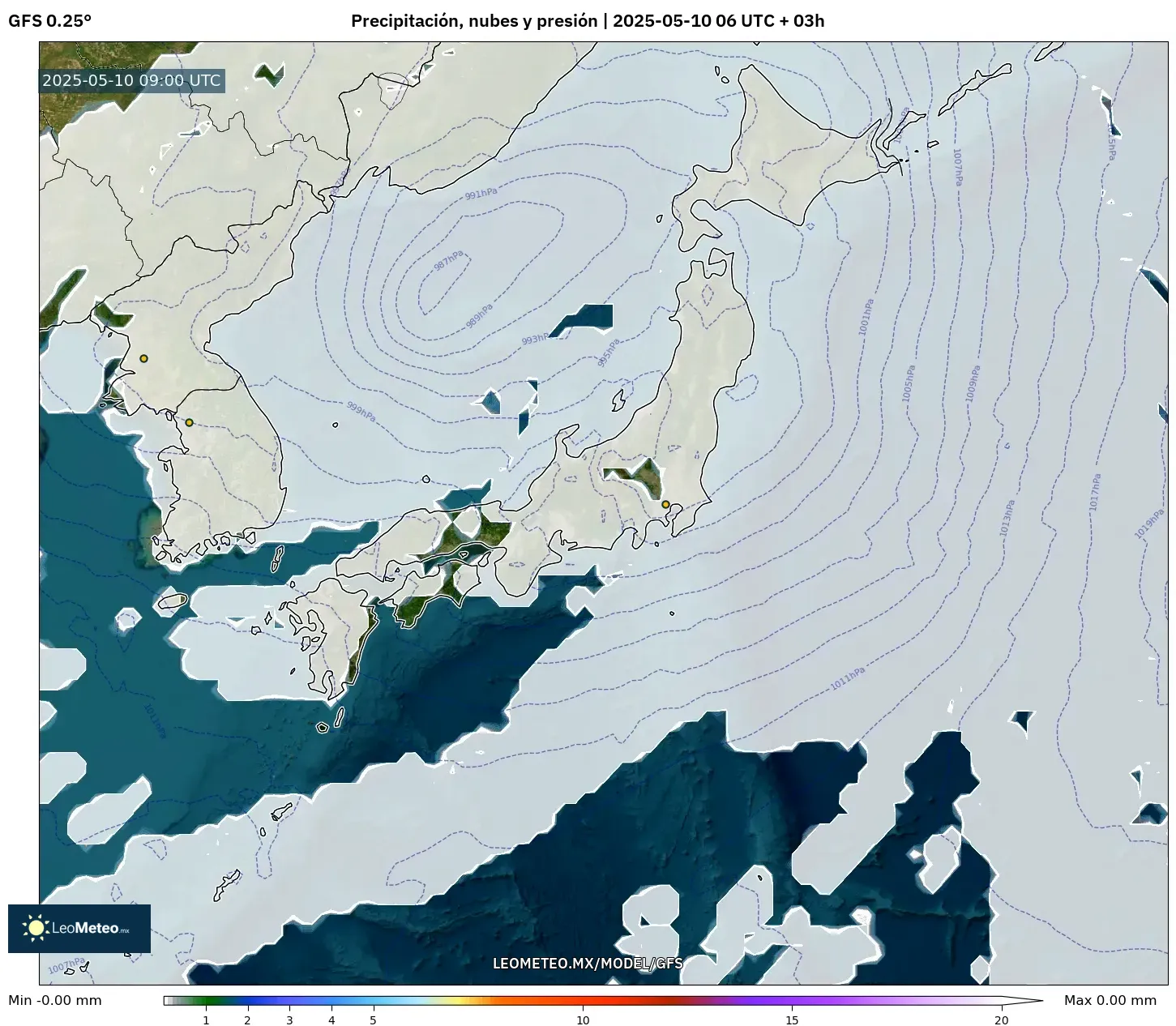 GFS - Japón, Precipitación, nubes y presión GFS - Japón, Precipitación, nubes y presión