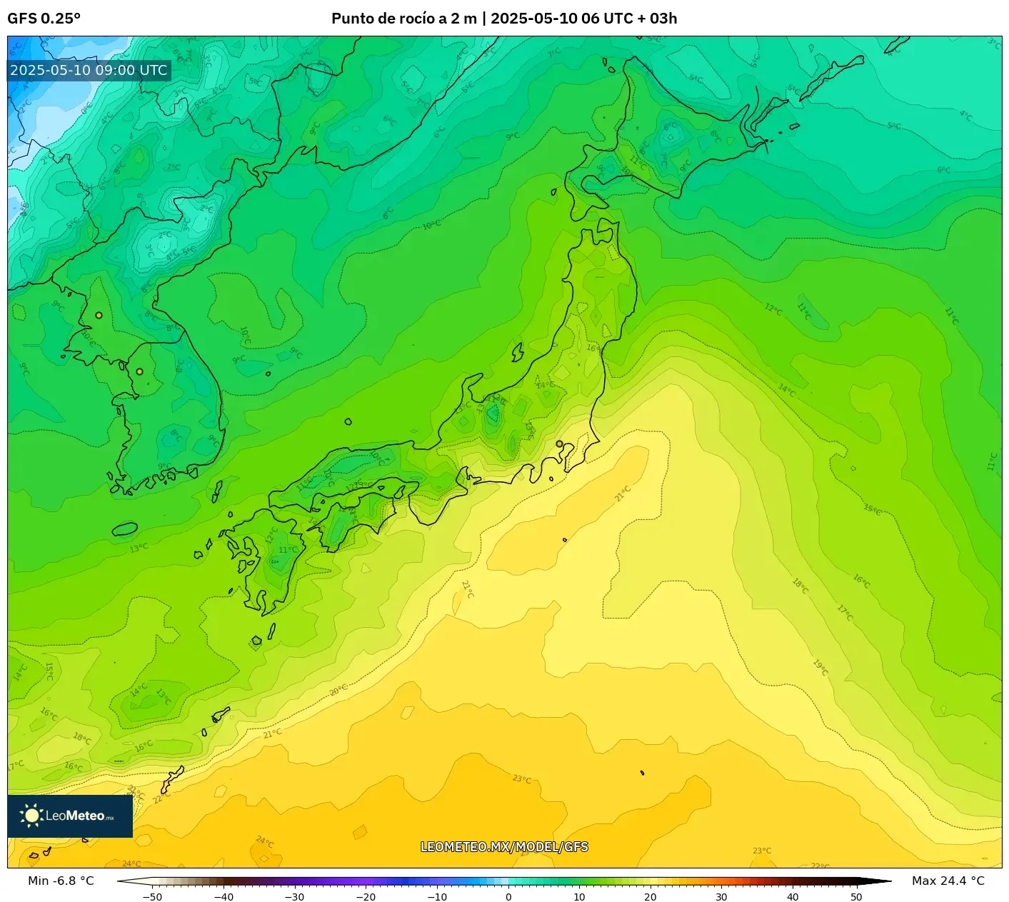 GFS - Japón, Punto de rocío a 2 m GFS - Japón, Punto de rocío a 2 m