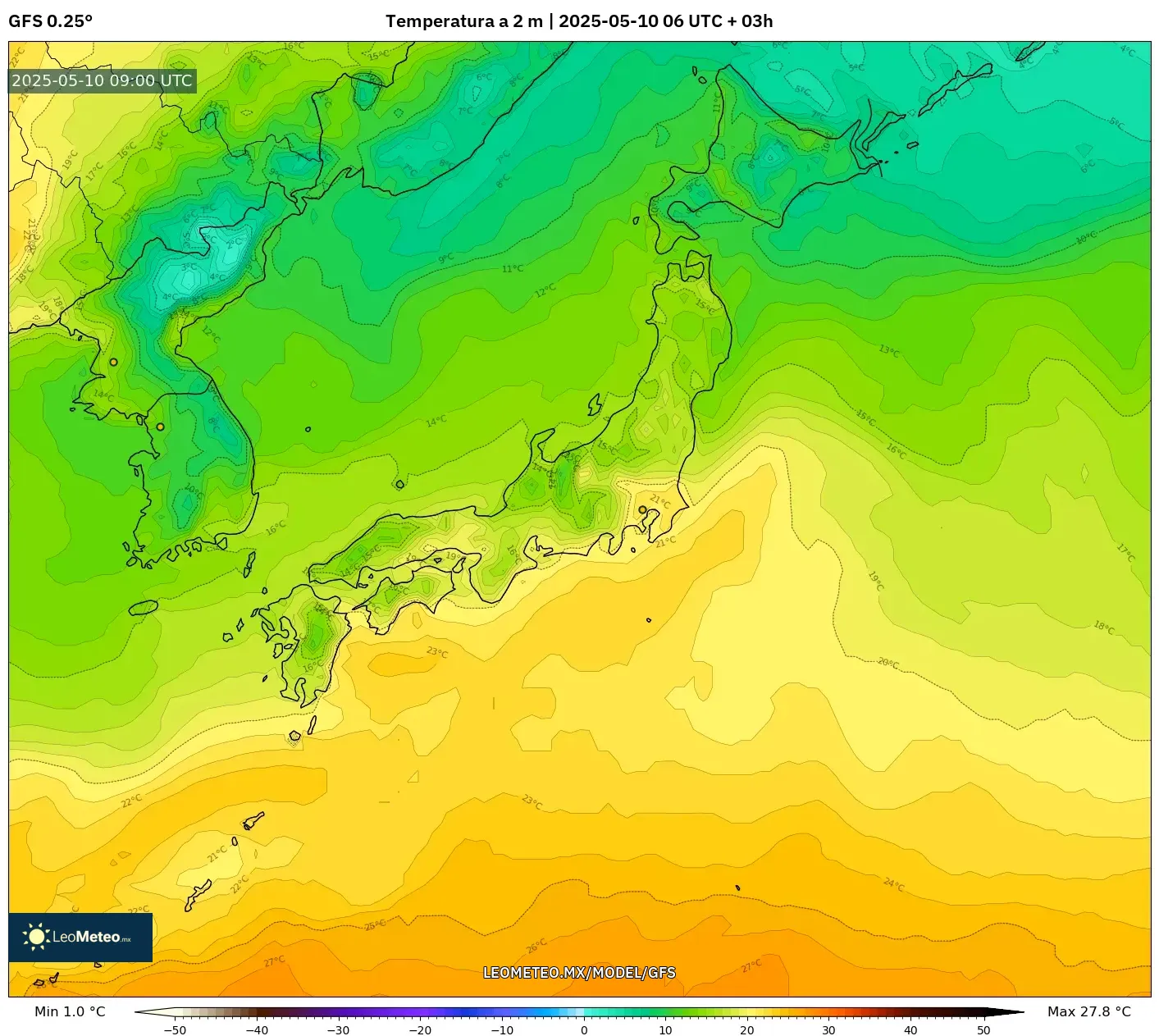 GFS - Japón, Temperatura a 2 m GFS - Japón, Temperatura a 2 m