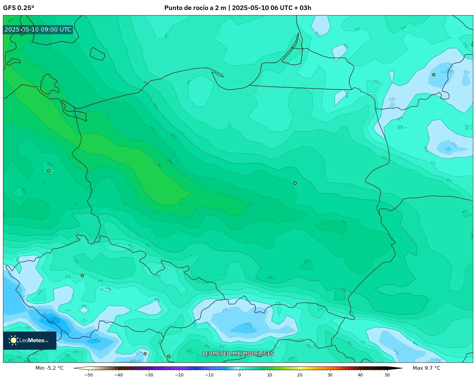 GFS - Polonia, Punto de rocío a 2 m GFS - Polonia, Punto de rocío a 2 m
