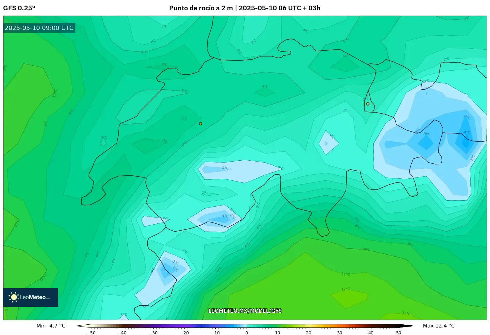 GFS - Suiza, Punto de rocío a 2 m GFS - Suiza, Punto de rocío a 2 m
