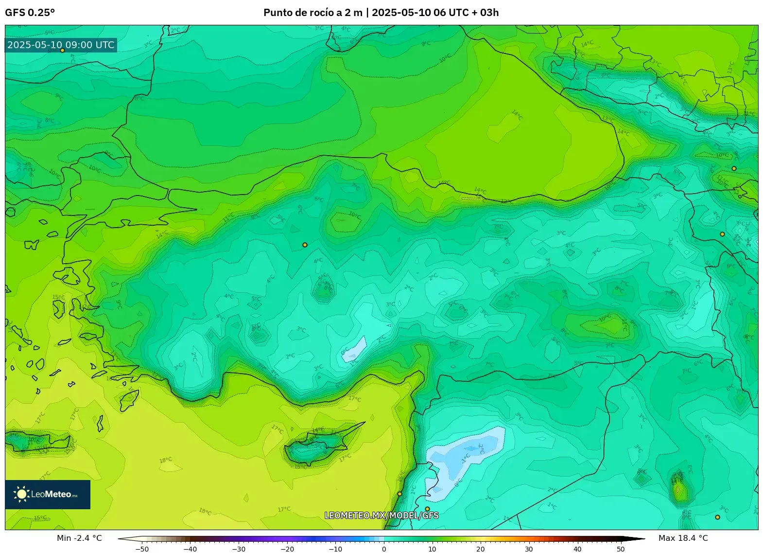 GFS - Turquía, Punto de rocío a 2 m GFS - Turquía, Punto de rocío a 2 m