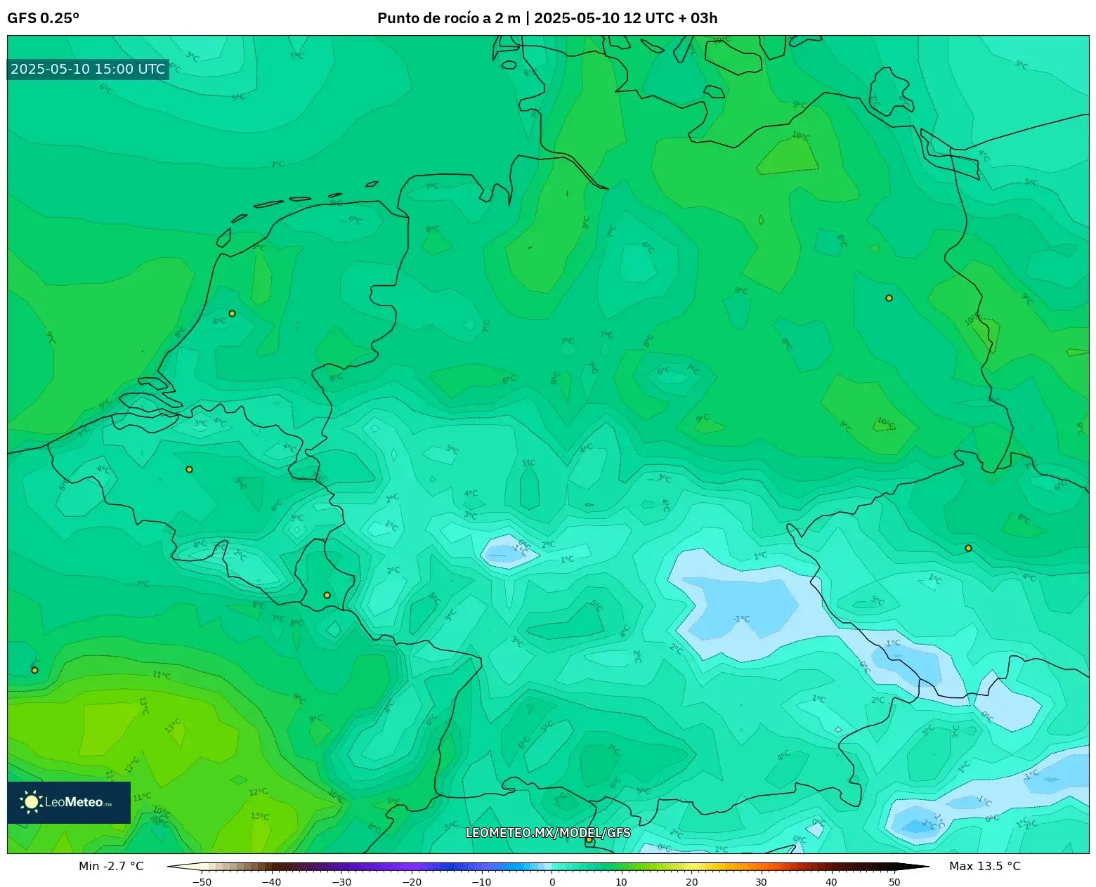 GFS - Alemania, Punto de rocío a 2 m GFS - Alemania, Punto de rocío a 2 m