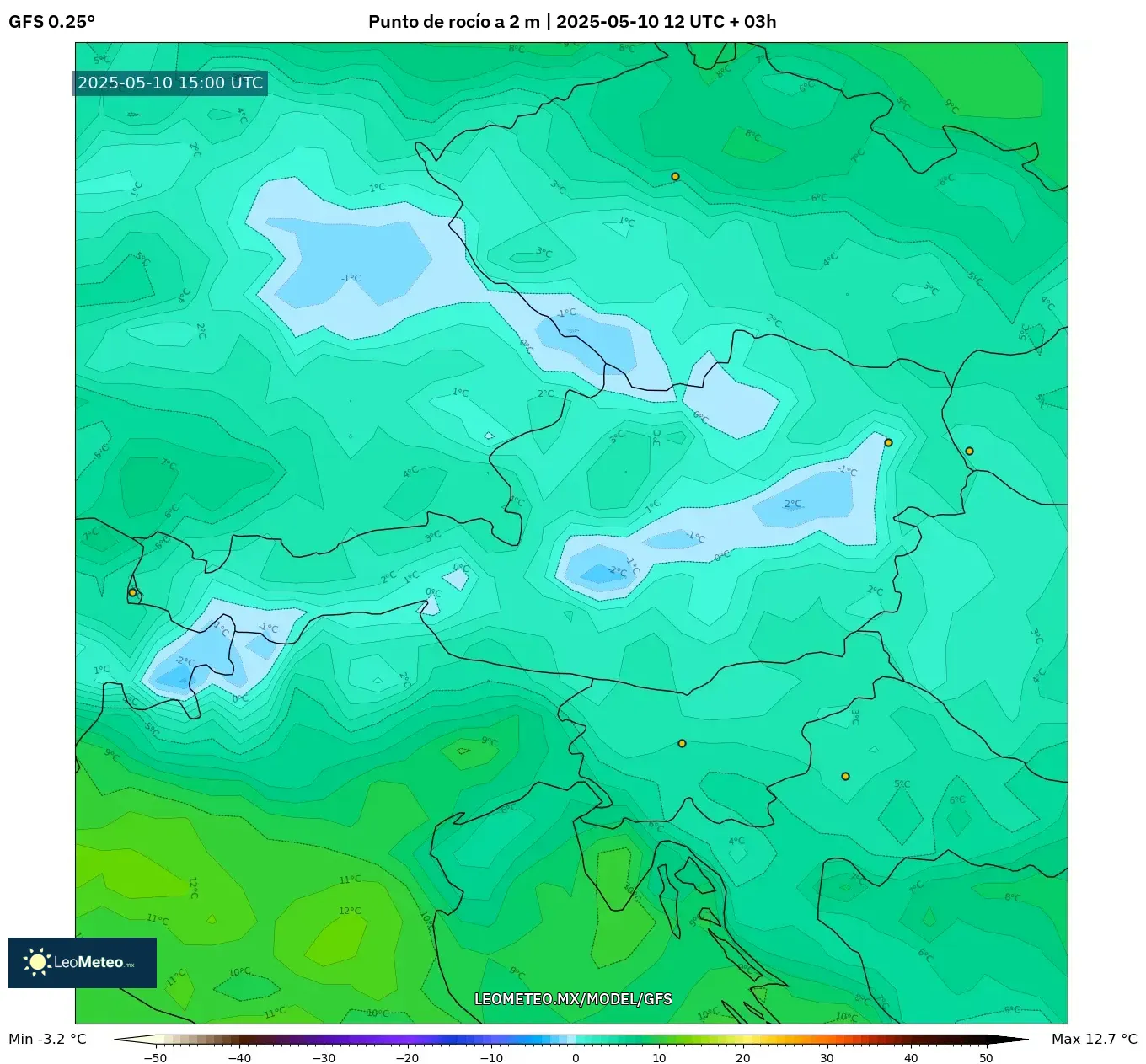 GFS - Austria, Punto de rocío a 2 m GFS - Austria, Punto de rocío a 2 m