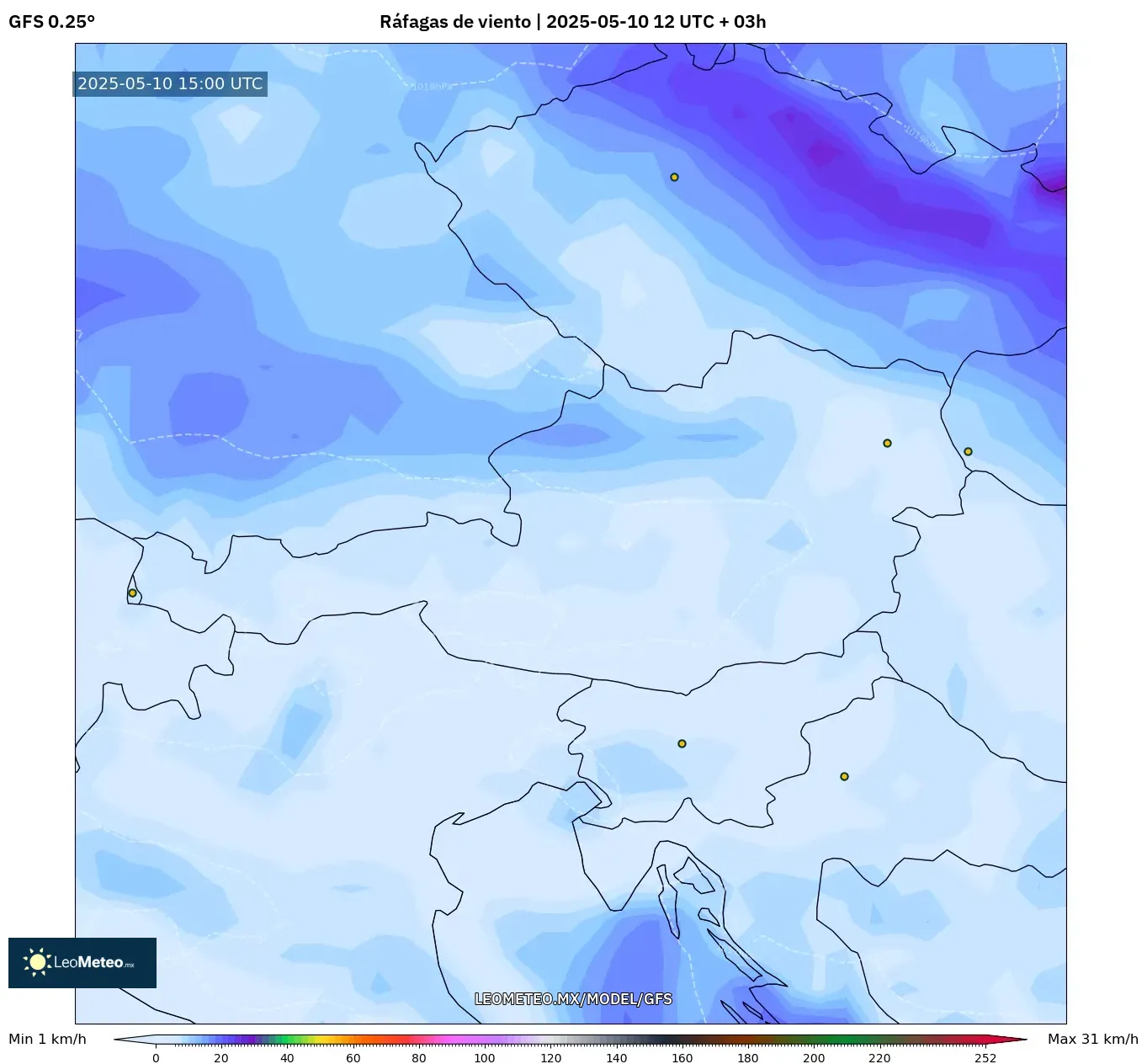 GFS - Austria, Ráfagas de viento GFS - Austria, Ráfagas de viento