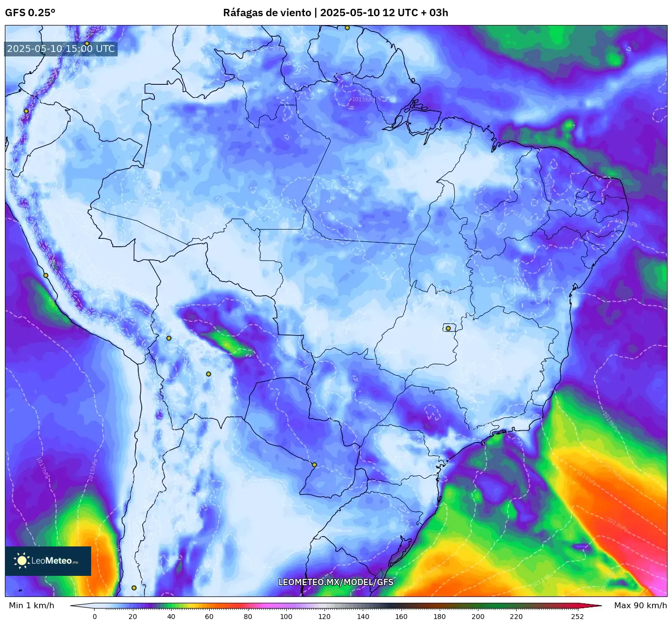 GFS - Brasil, Ráfagas de viento GFS - Brasil, Ráfagas de viento