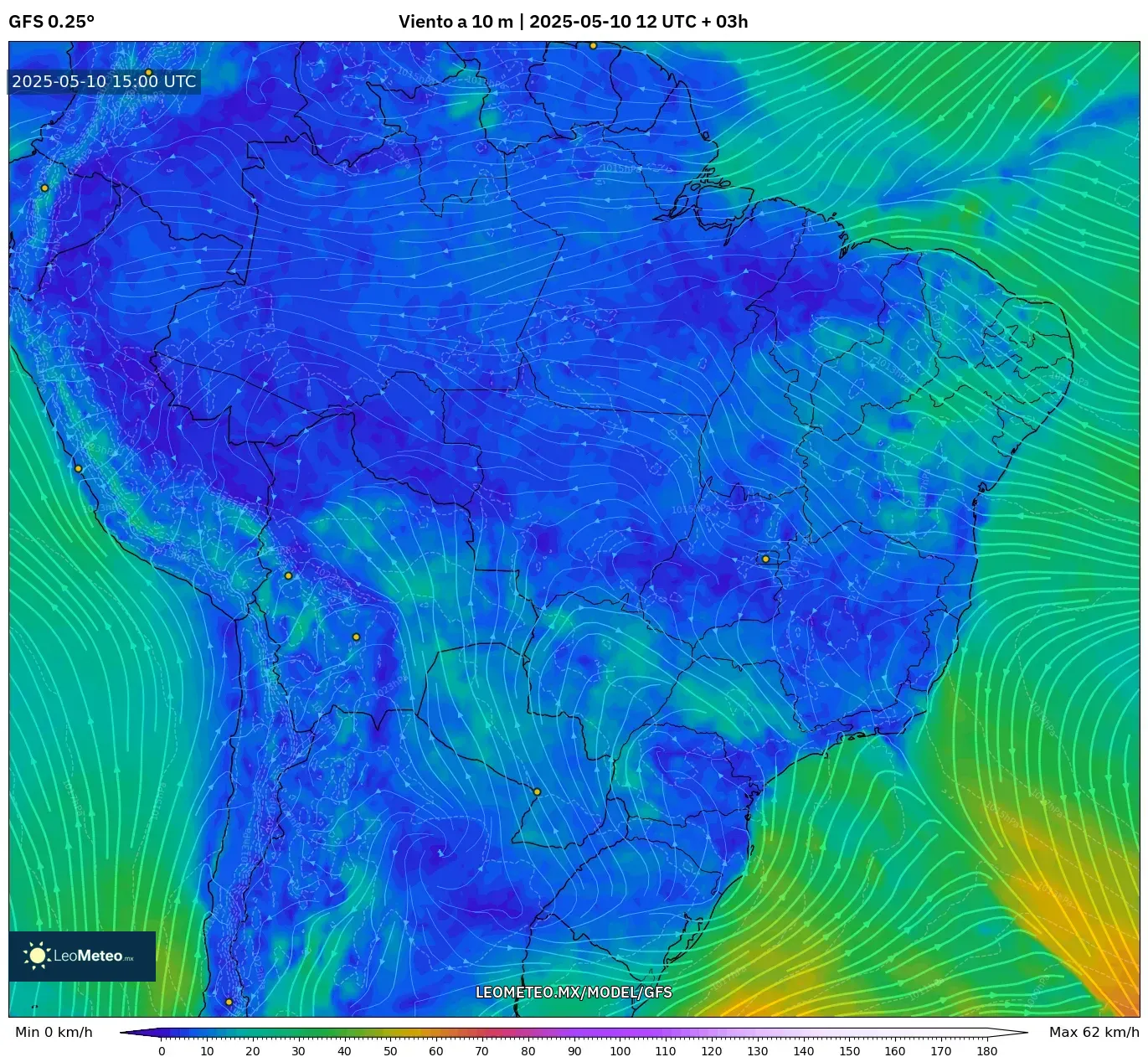 GFS - Brasil, Viento a 10 m GFS - Brasil, Viento a 10 m