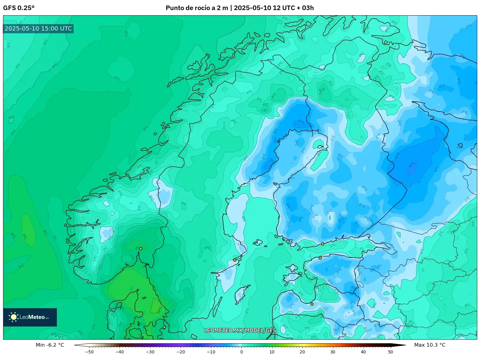 GFS - Escandinavia, Punto de rocío a 2 m GFS - Escandinavia, Punto de rocío a 2 m