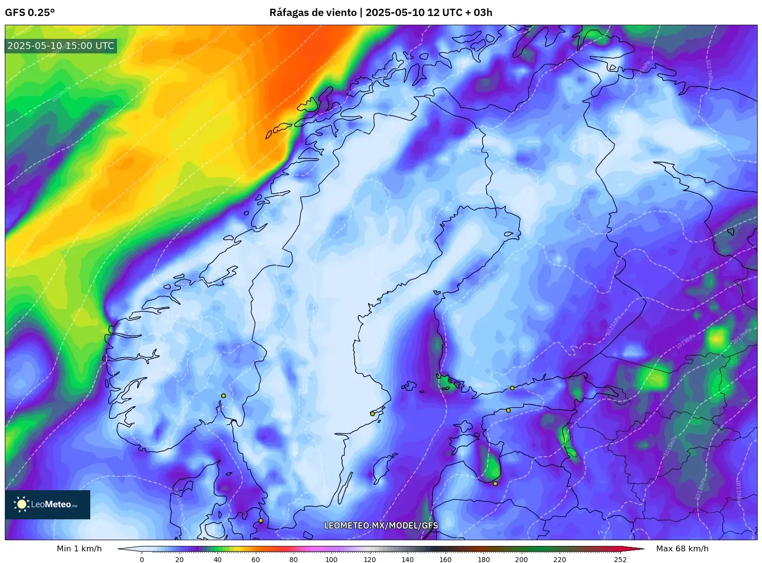 GFS - Escandinavia, Ráfagas de viento GFS - Escandinavia, Ráfagas de viento