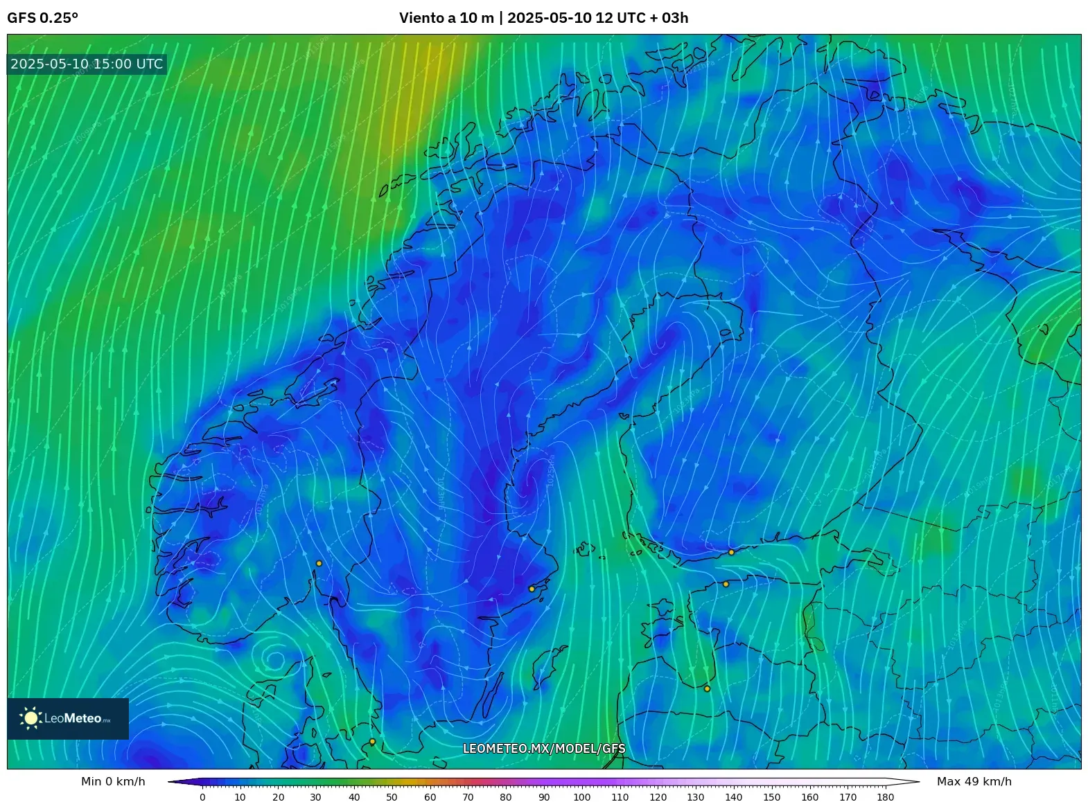 GFS - Escandinavia, Viento a 10 m GFS - Escandinavia, Viento a 10 m