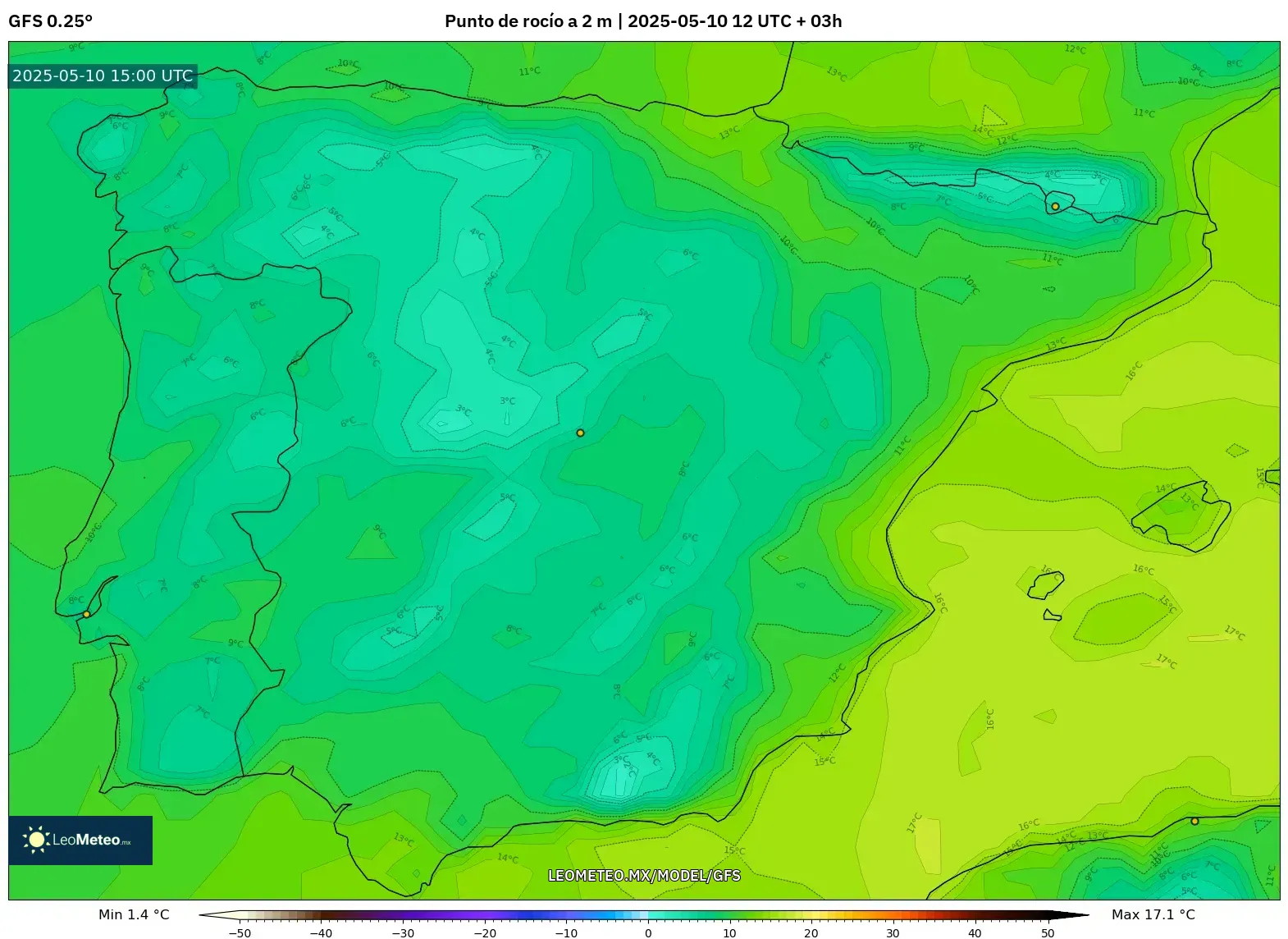 GFS - España, Punto de rocío a 2 m GFS - España, Punto de rocío a 2 m