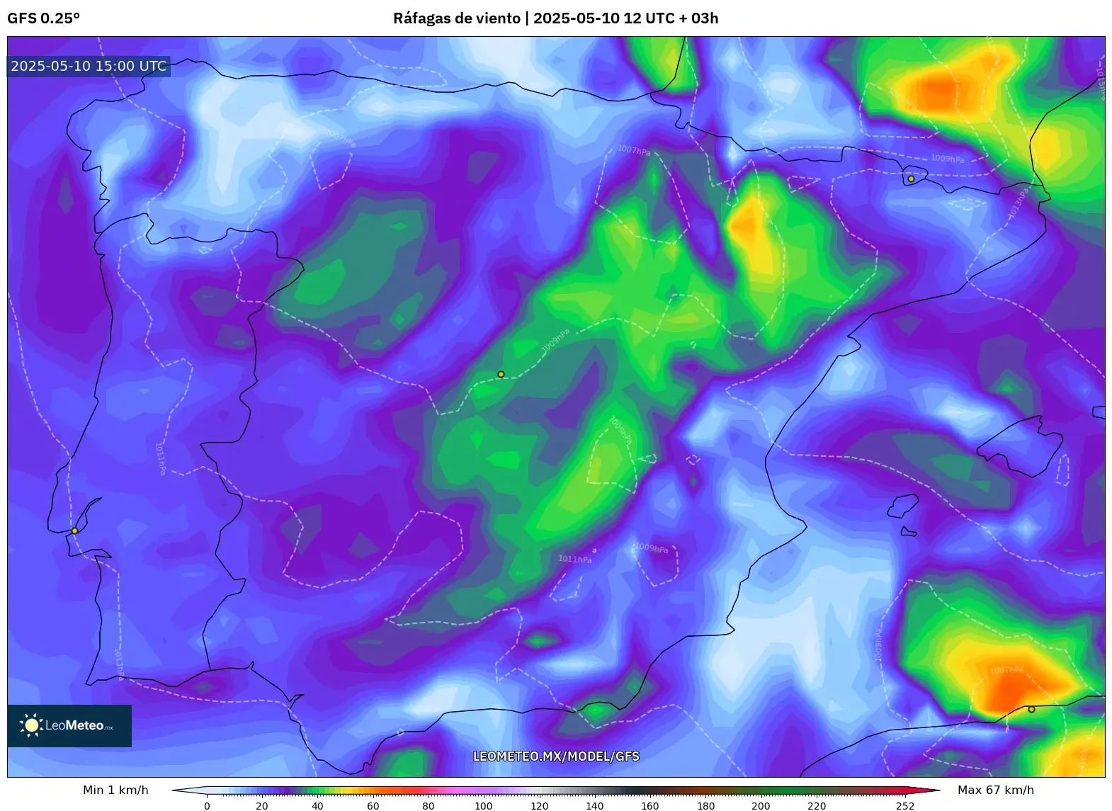 GFS - España, Ráfagas de viento GFS - España, Ráfagas de viento
