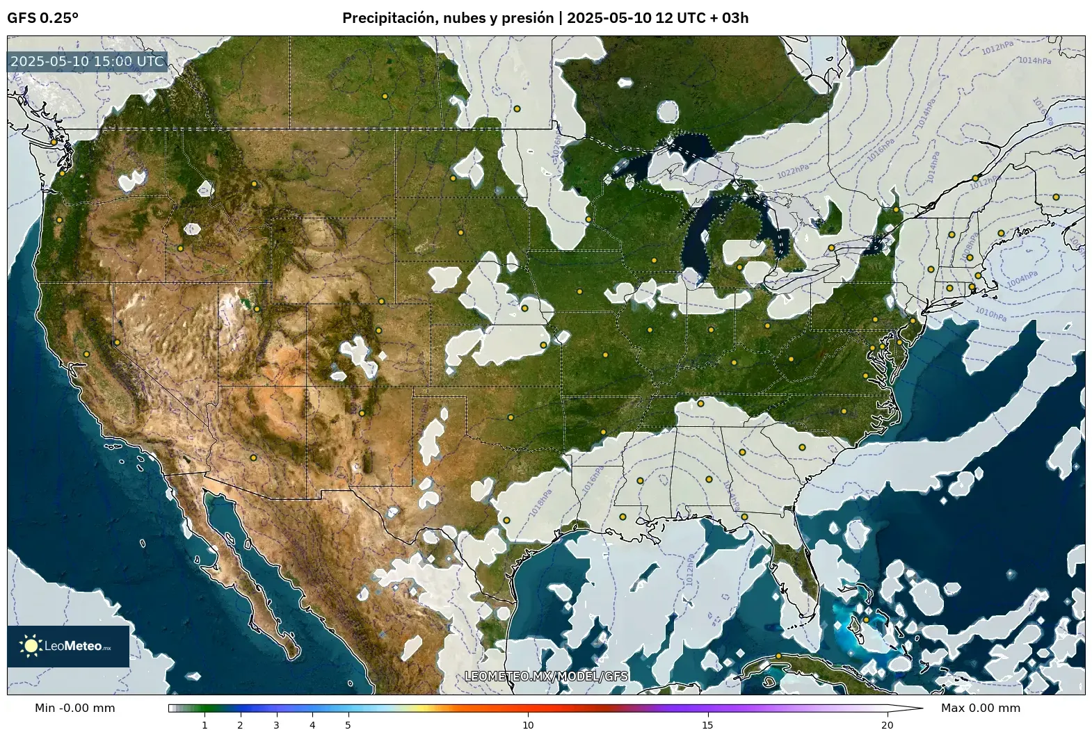 GFS - Estados Unidos, Precipitación, nubes y presión GFS - Estados Unidos, Precipitación, nubes y presión