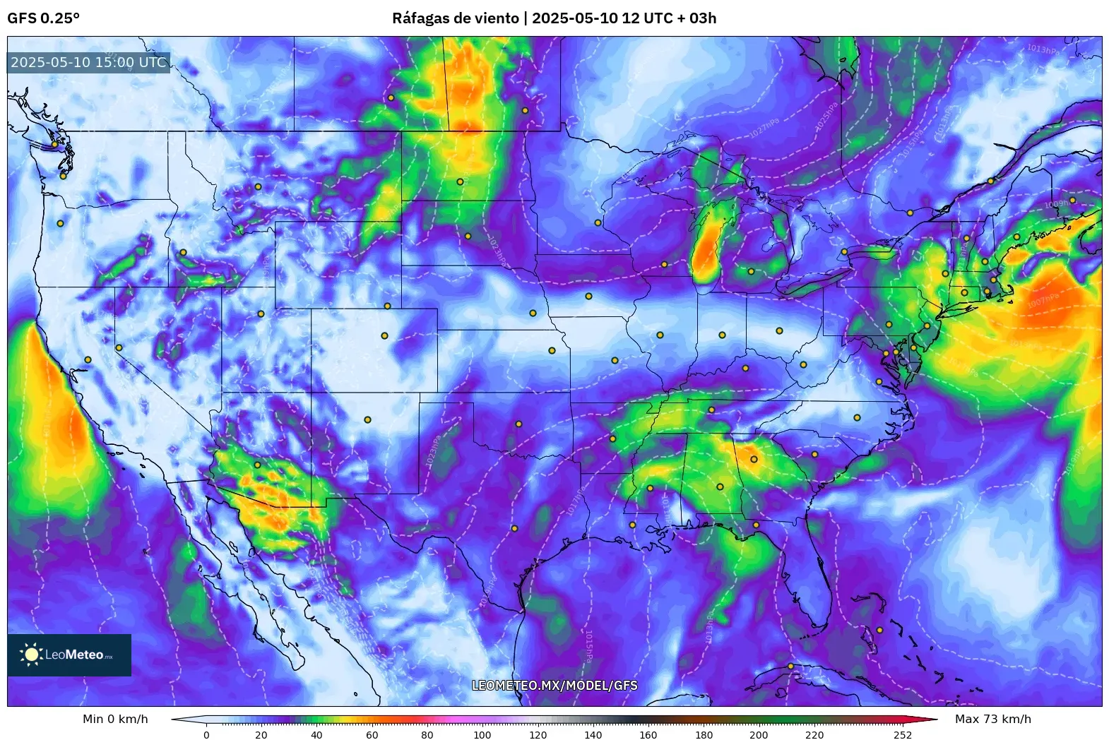 GFS - Estados Unidos, Ráfagas de viento GFS - Estados Unidos, Ráfagas de viento