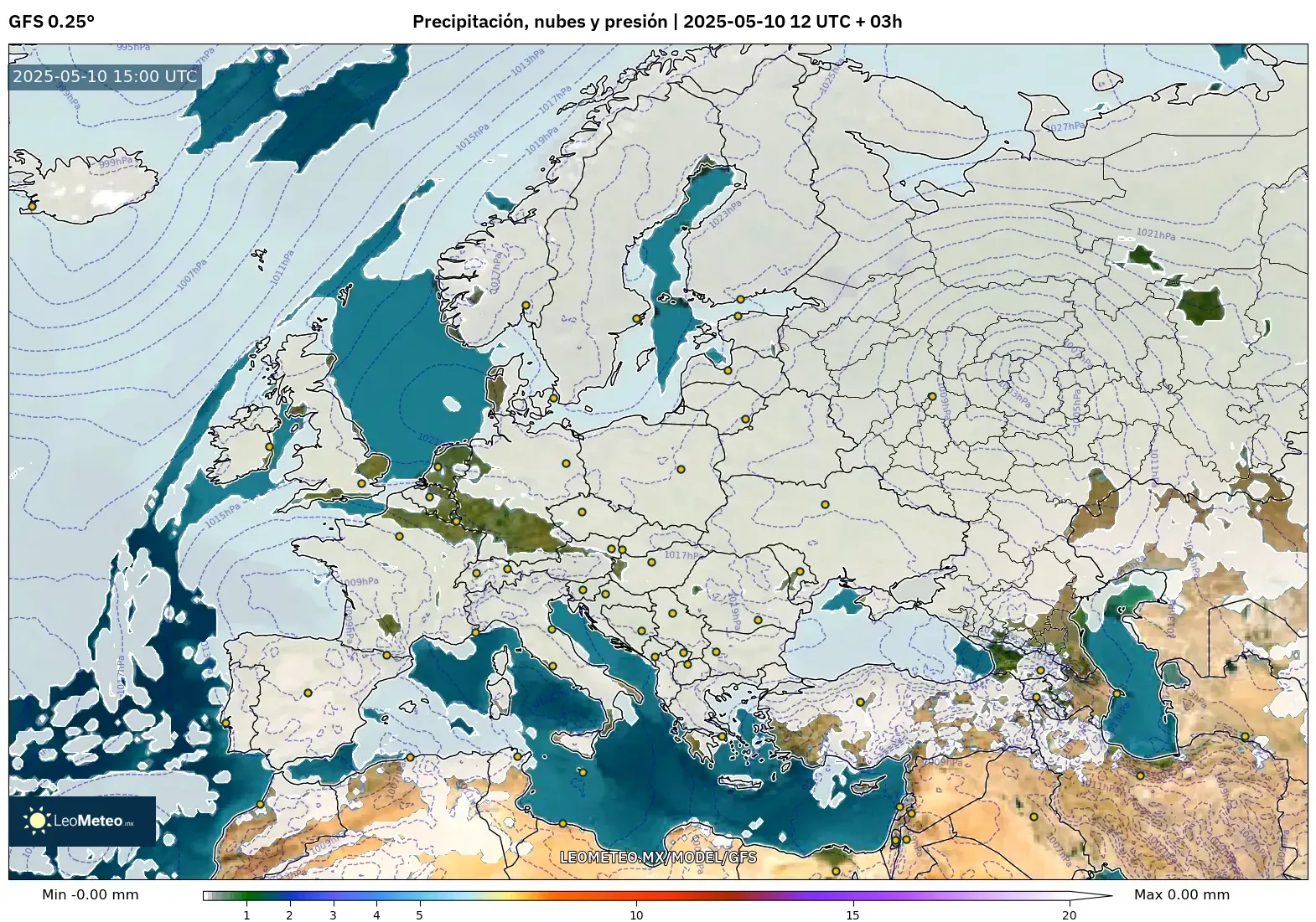 GFS - Europa, Precipitación, nubes y presión