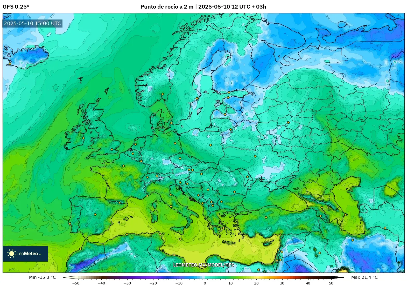 GFS - Europa, Punto de rocío a 2 m