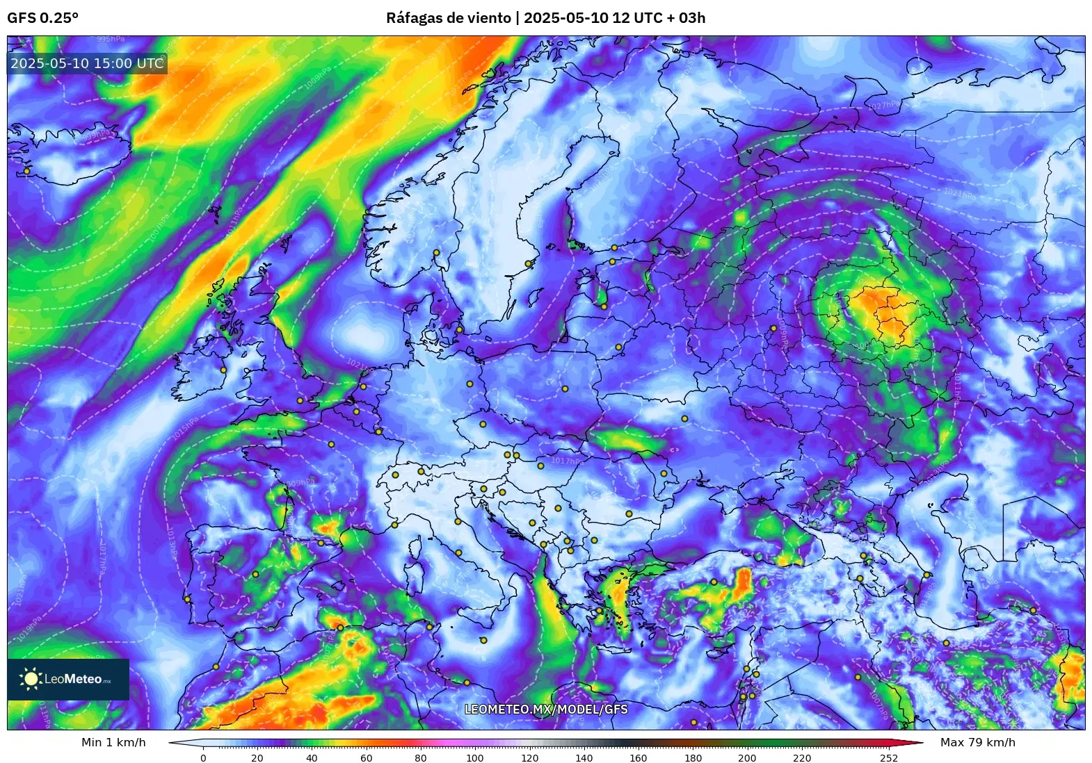 GFS - Europa, Ráfagas de viento