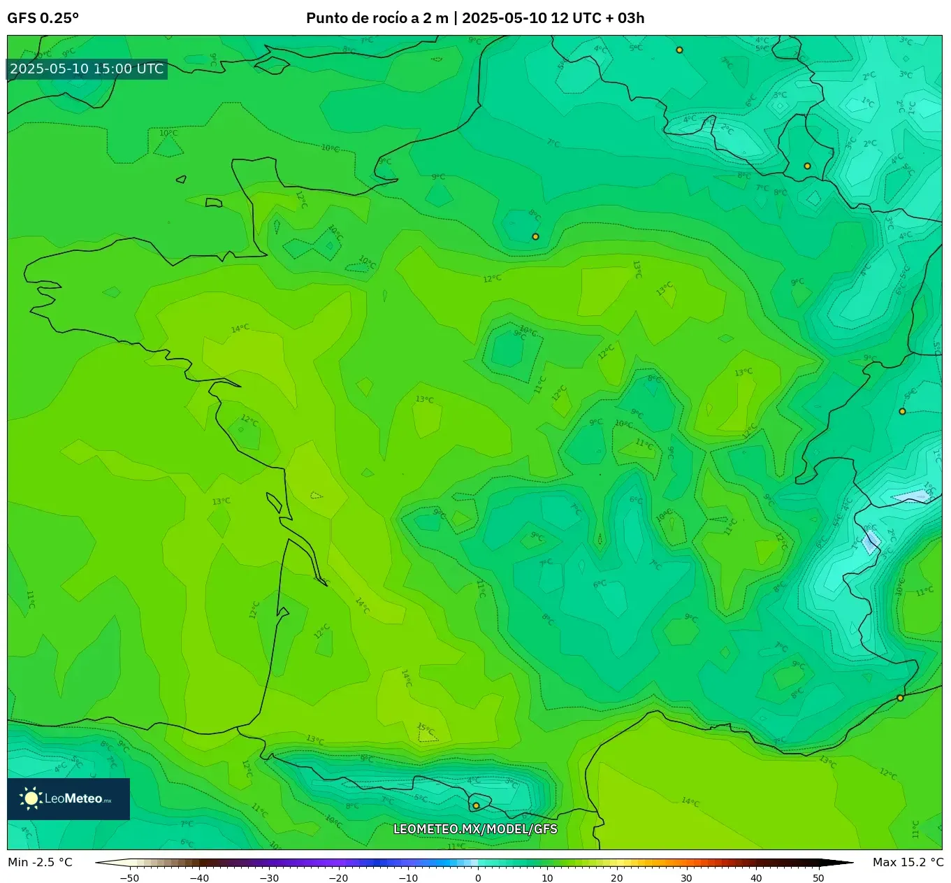 GFS - Francia, Punto de rocío a 2 m GFS - Francia, Punto de rocío a 2 m