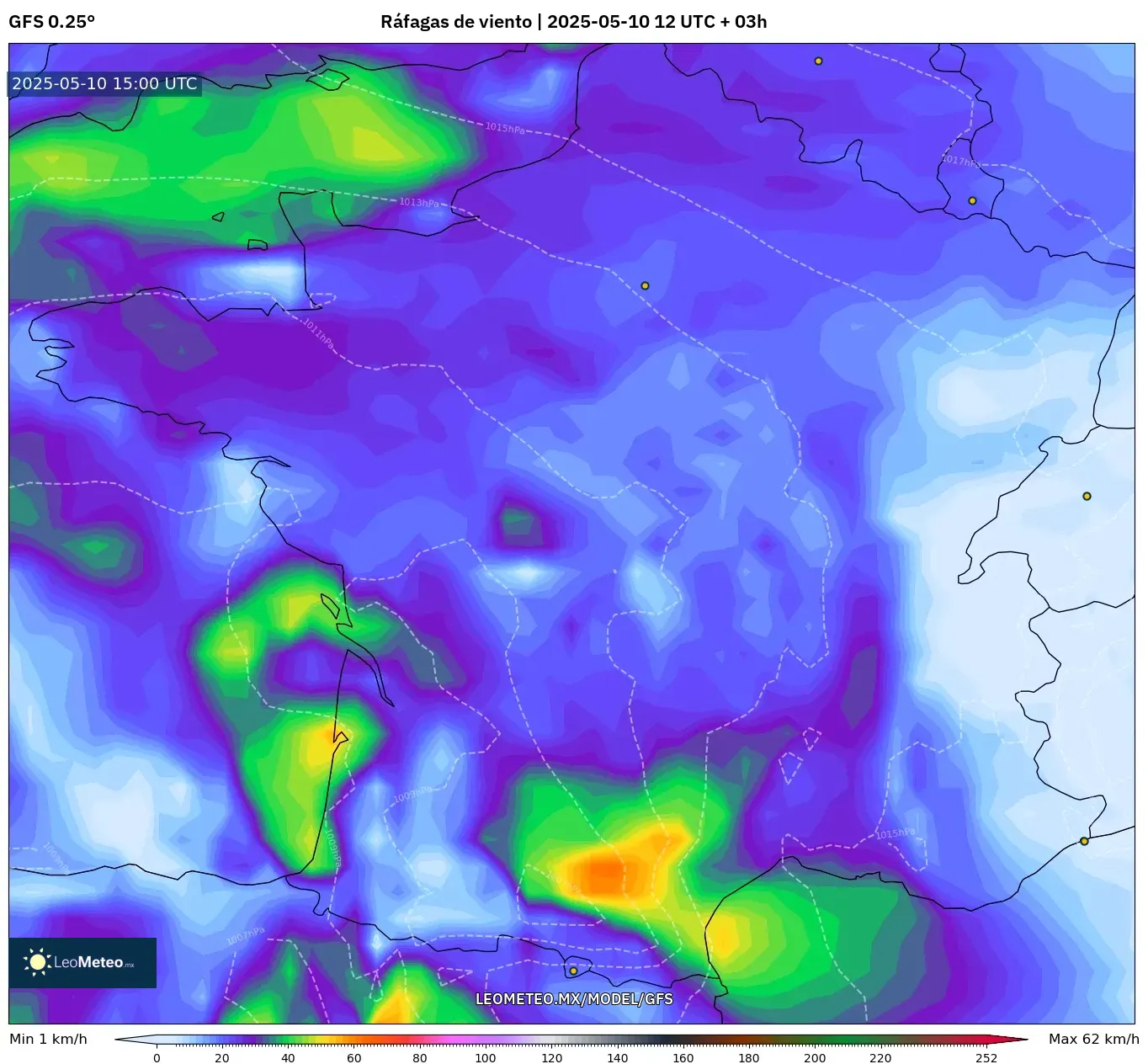 GFS - Francia, Ráfagas de viento GFS - Francia, Ráfagas de viento