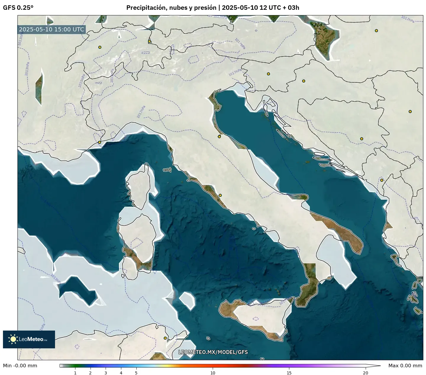 GFS - Italia, Precipitación, nubes y presión GFS - Italia, Precipitación, nubes y presión