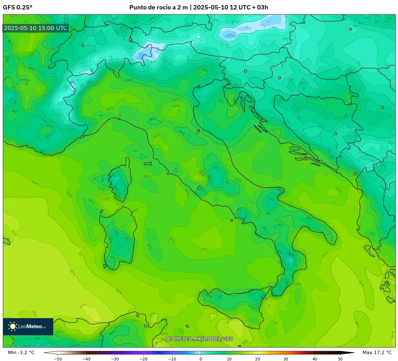 GFS - Italia, Punto de rocío a 2 m GFS - Italia, Punto de rocío a 2 m