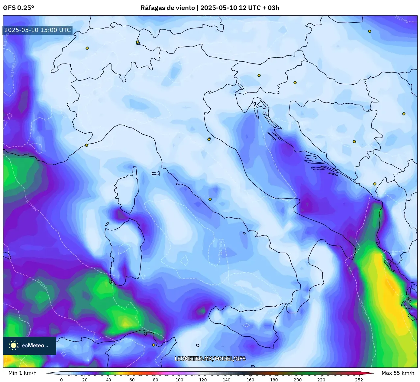 GFS - Italia, Ráfagas de viento GFS - Italia, Ráfagas de viento