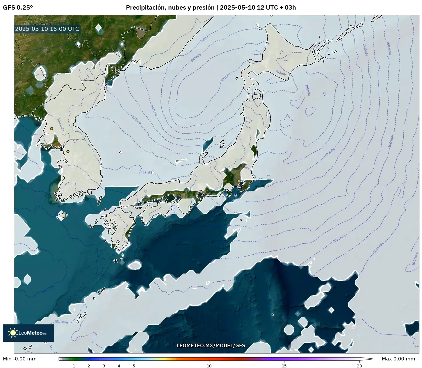 GFS - Japón, Precipitación, nubes y presión GFS - Japón, Precipitación, nubes y presión