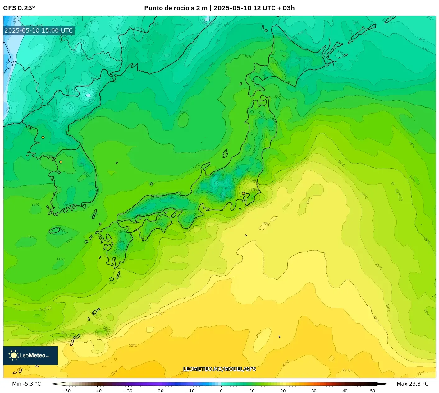 GFS - Japón, Punto de rocío a 2 m GFS - Japón, Punto de rocío a 2 m