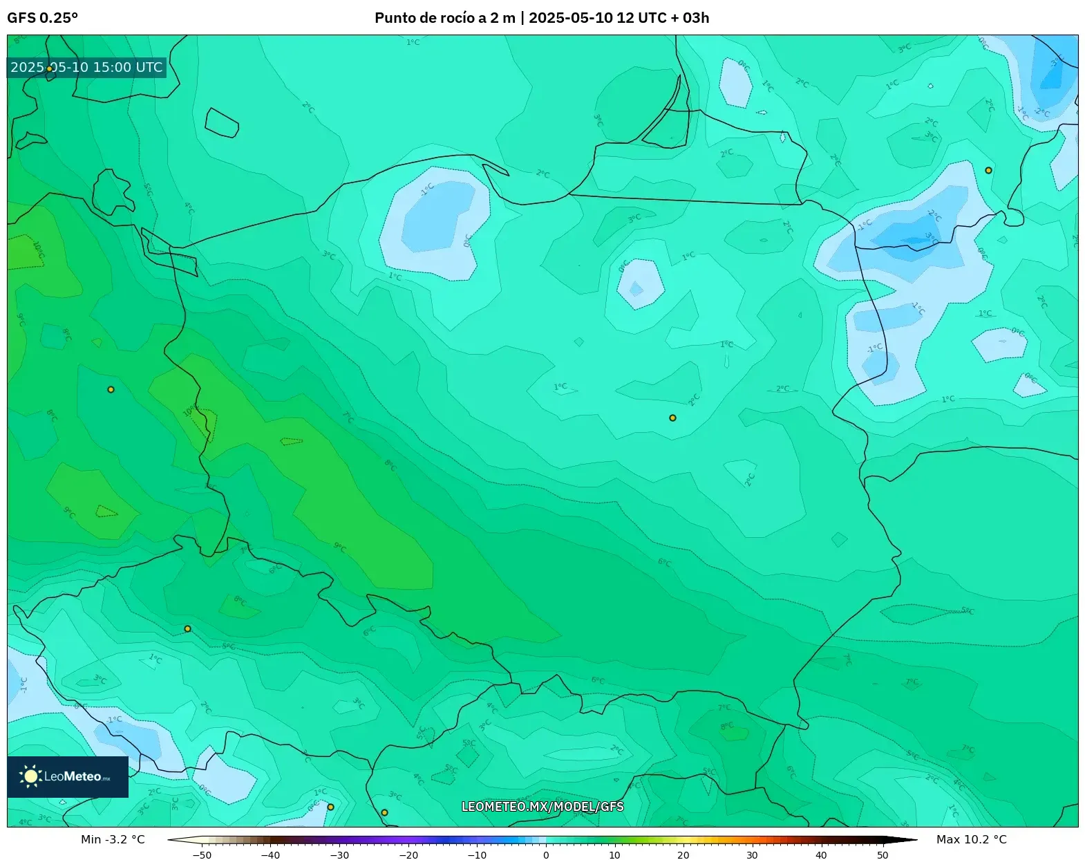 GFS - Polonia, Punto de rocío a 2 m GFS - Polonia, Punto de rocío a 2 m
