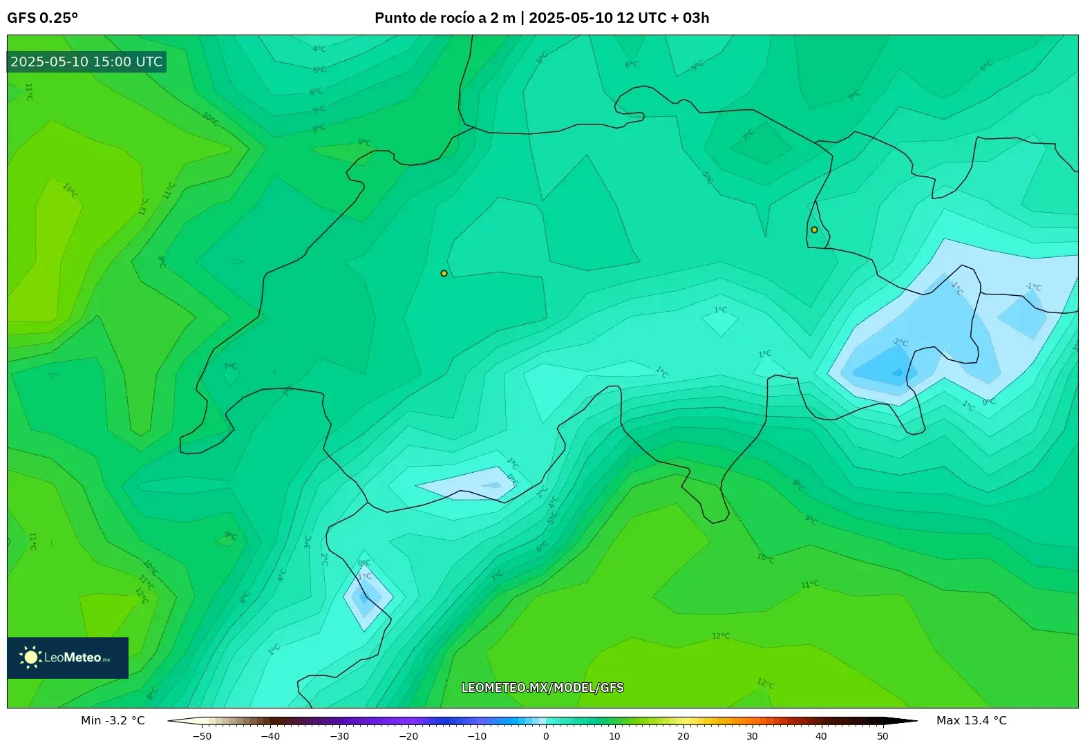 GFS - Suiza, Punto de rocío a 2 m GFS - Suiza, Punto de rocío a 2 m