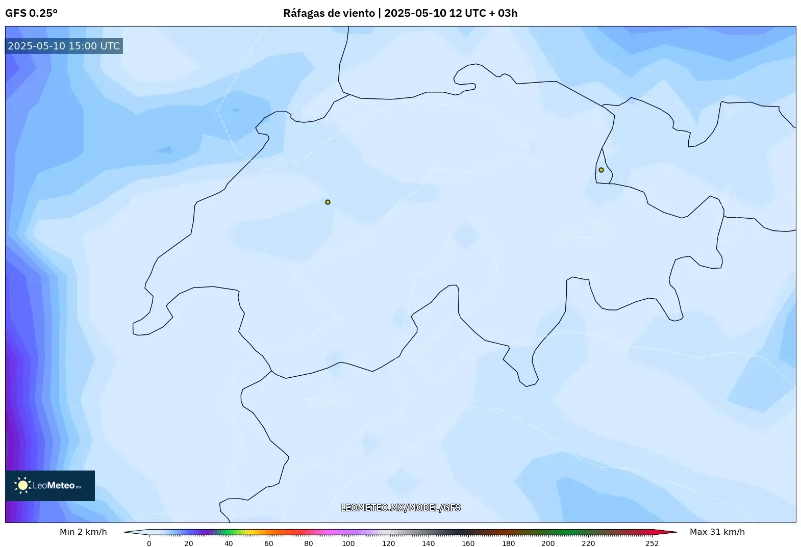 GFS - Suiza, Ráfagas de viento GFS - Suiza, Ráfagas de viento