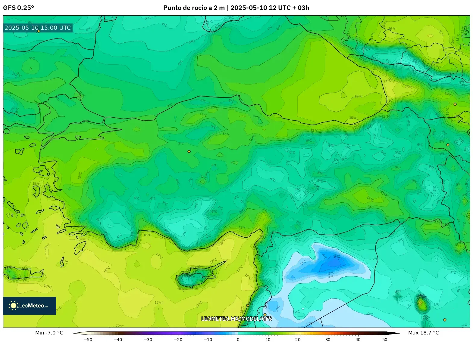GFS - Turquía, Punto de rocío a 2 m GFS - Turquía, Punto de rocío a 2 m