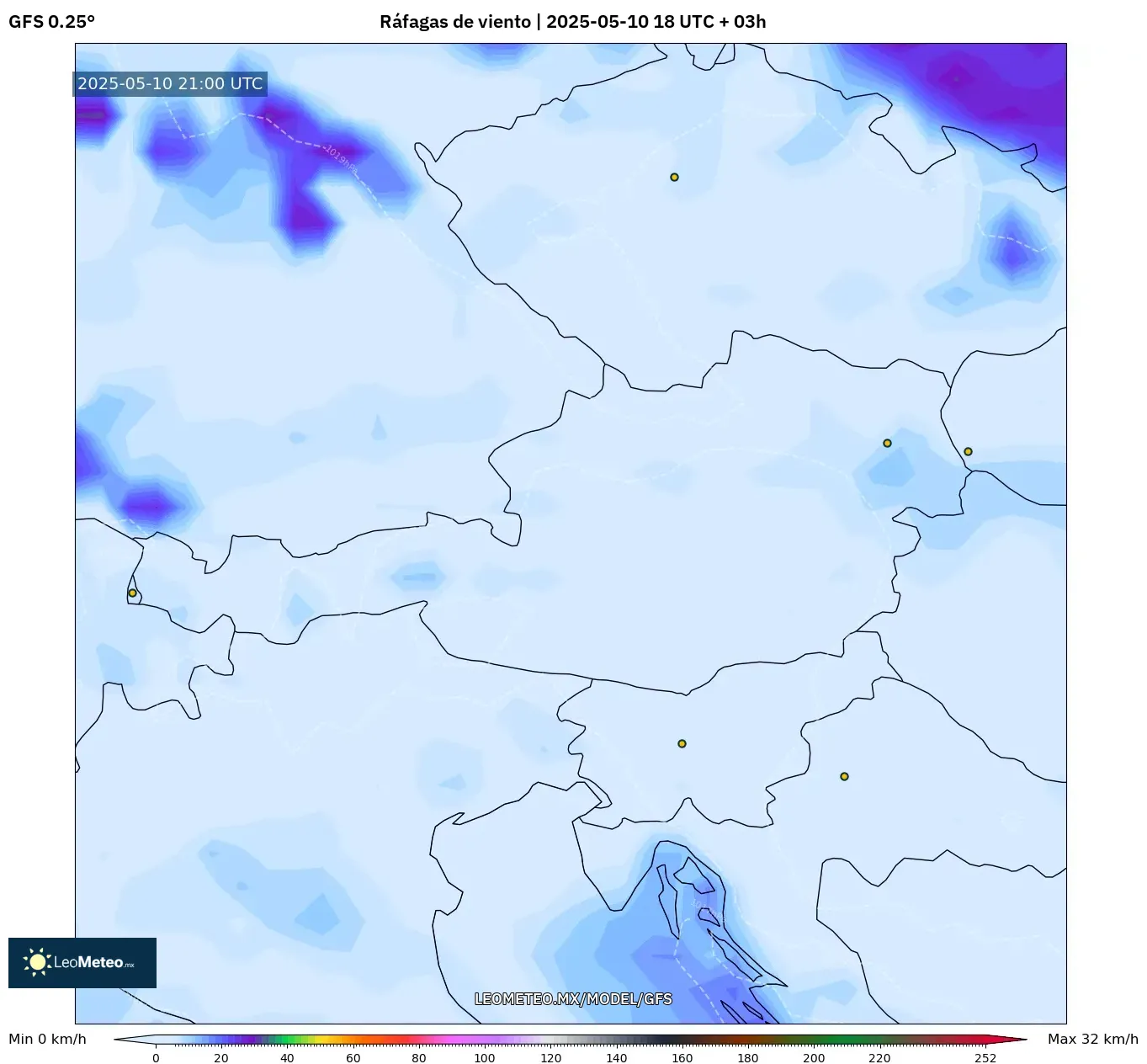 GFS - Austria, Ráfagas de viento GFS - Austria, Ráfagas de viento