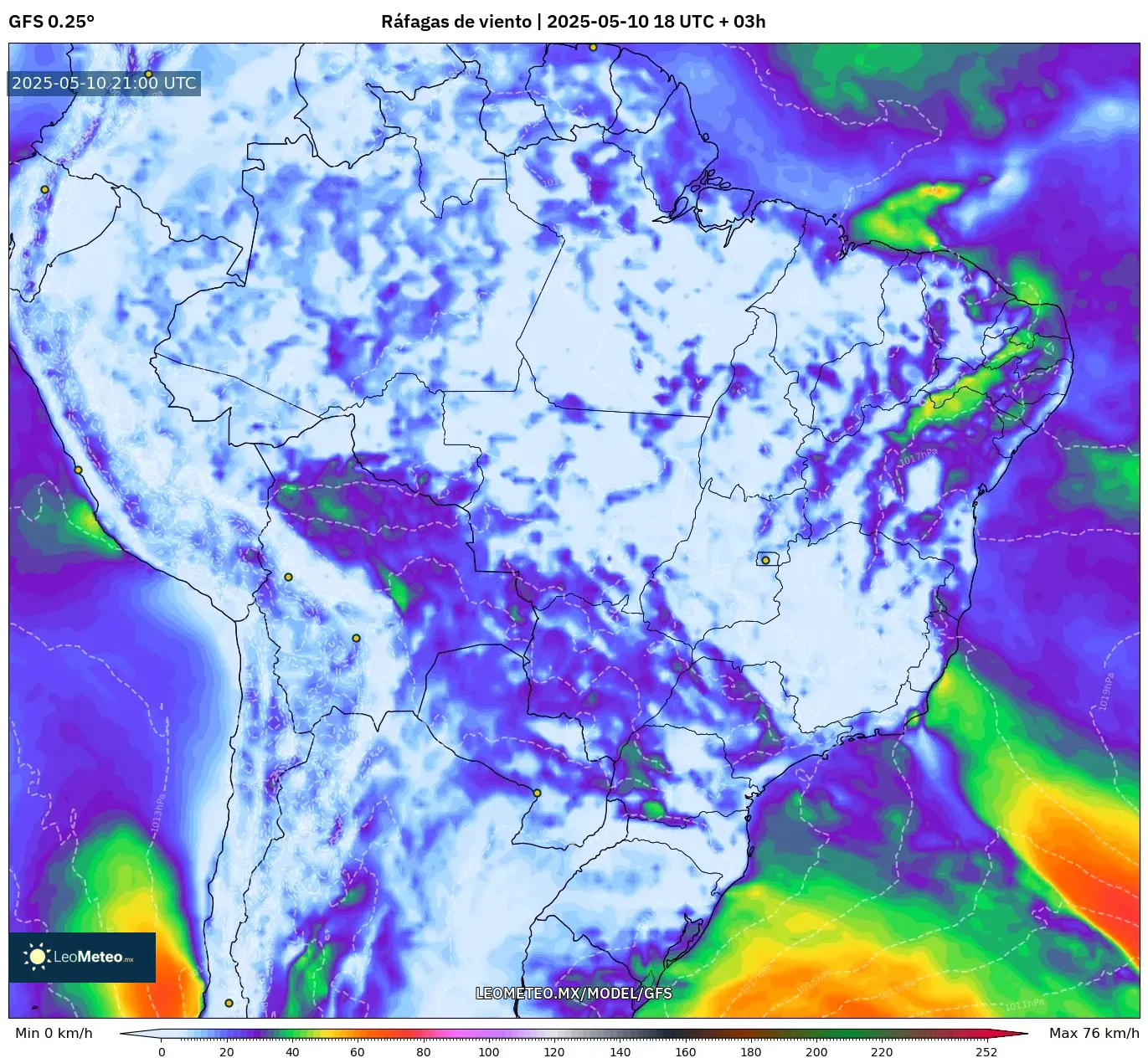 GFS - Brasil, Ráfagas de viento GFS - Brasil, Ráfagas de viento