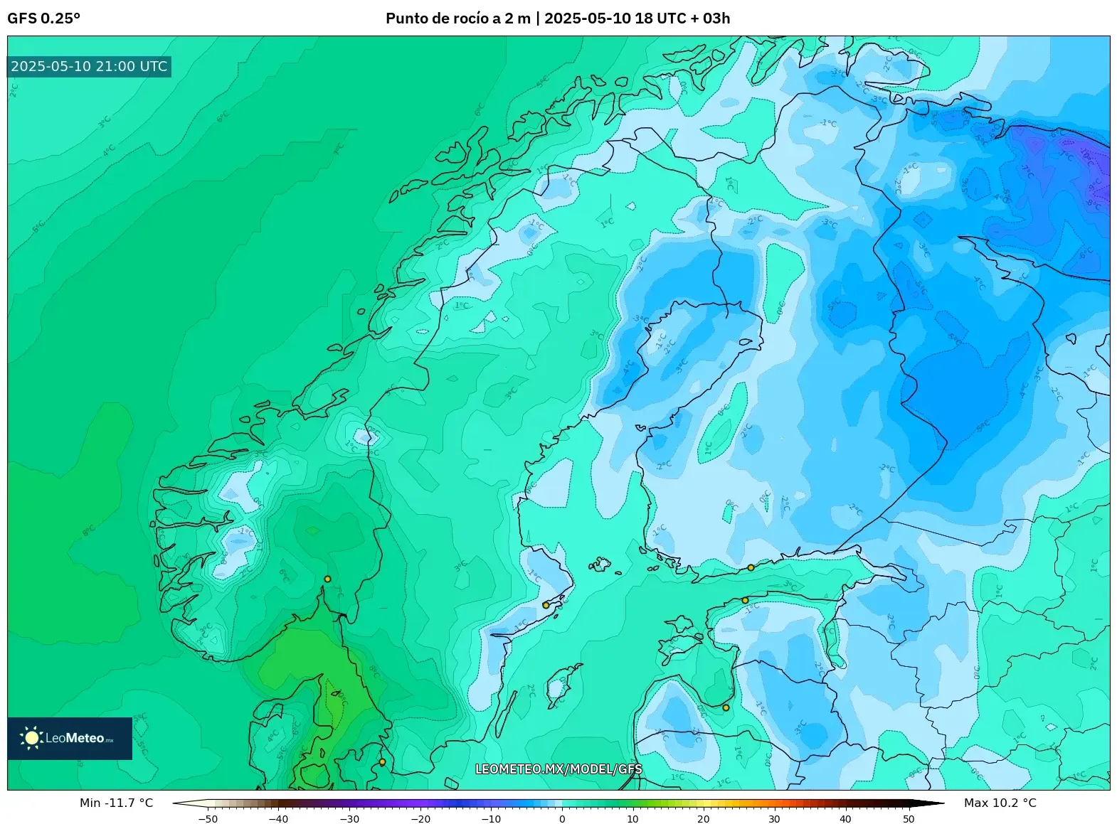 GFS - Escandinavia, Punto de rocío a 2 m GFS - Escandinavia, Punto de rocío a 2 m