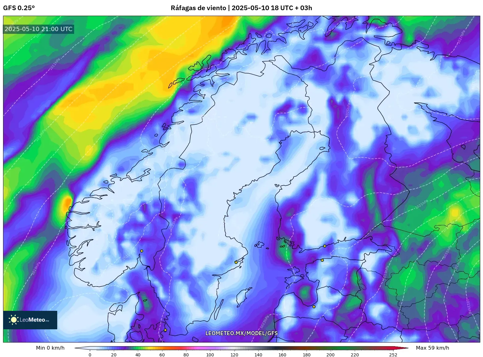 GFS - Escandinavia, Ráfagas de viento GFS - Escandinavia, Ráfagas de viento