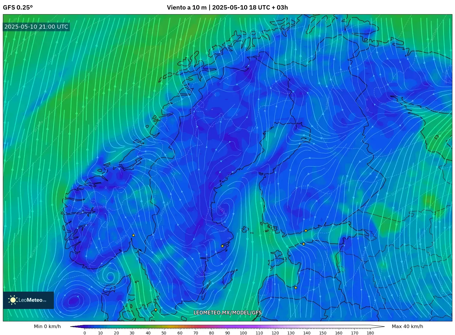 GFS - Escandinavia, Viento a 10 m GFS - Escandinavia, Viento a 10 m