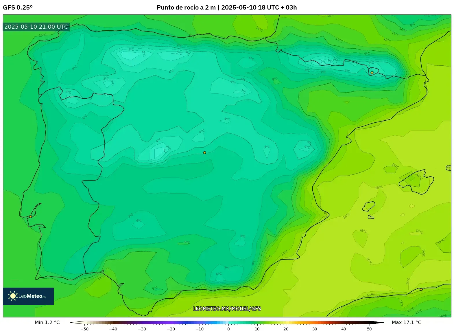 GFS - España, Punto de rocío a 2 m GFS - España, Punto de rocío a 2 m