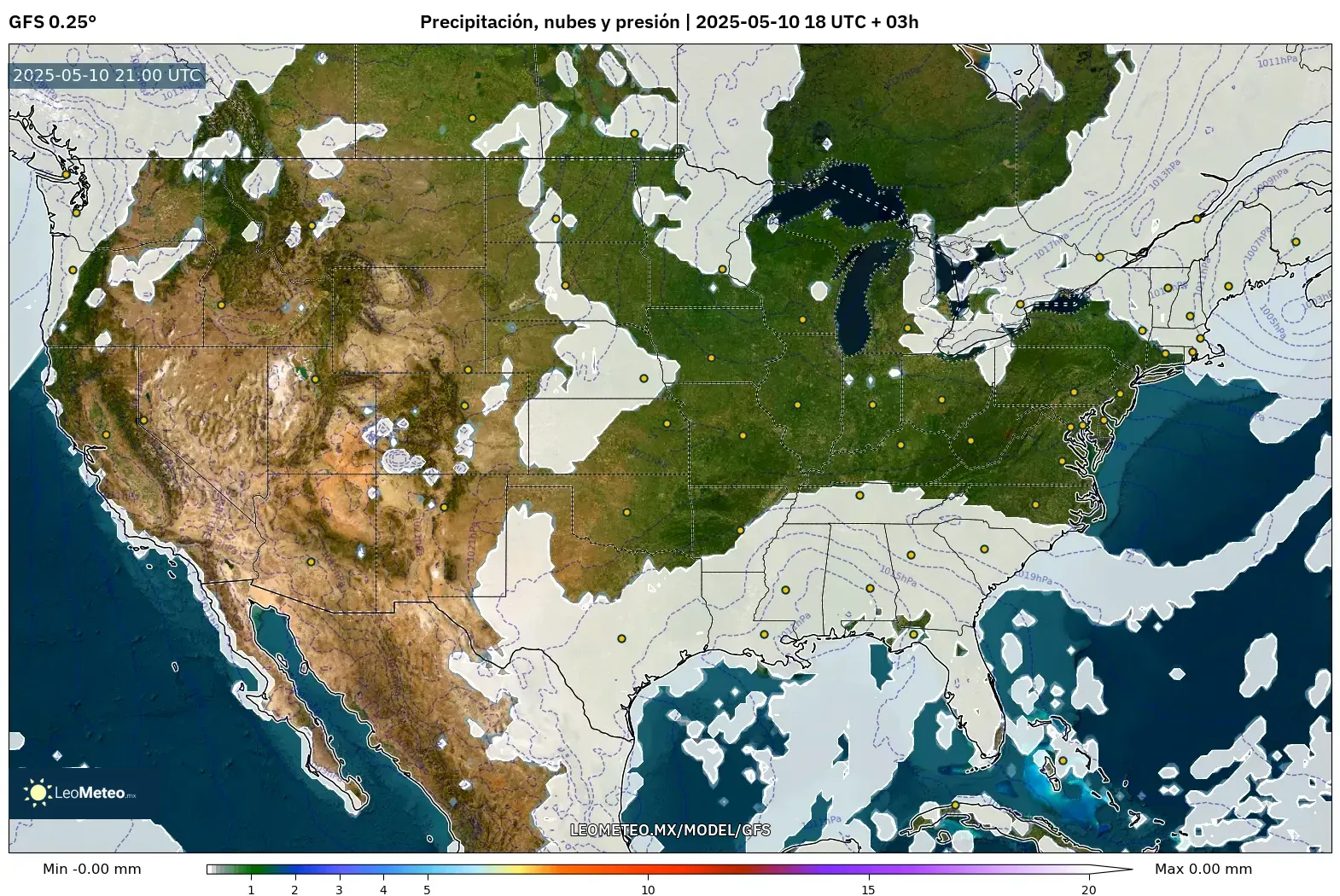 GFS - Estados Unidos, Precipitación, nubes y presión GFS - Estados Unidos, Precipitación, nubes y presión