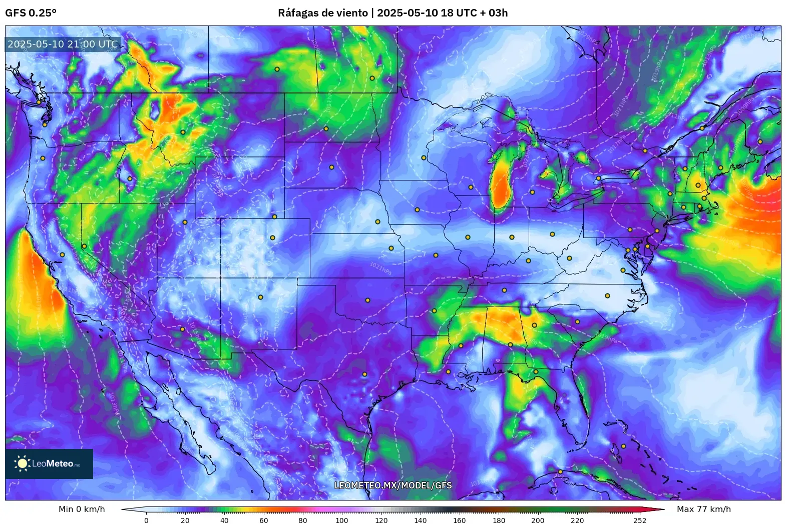 GFS - Estados Unidos, Ráfagas de viento GFS - Estados Unidos, Ráfagas de viento