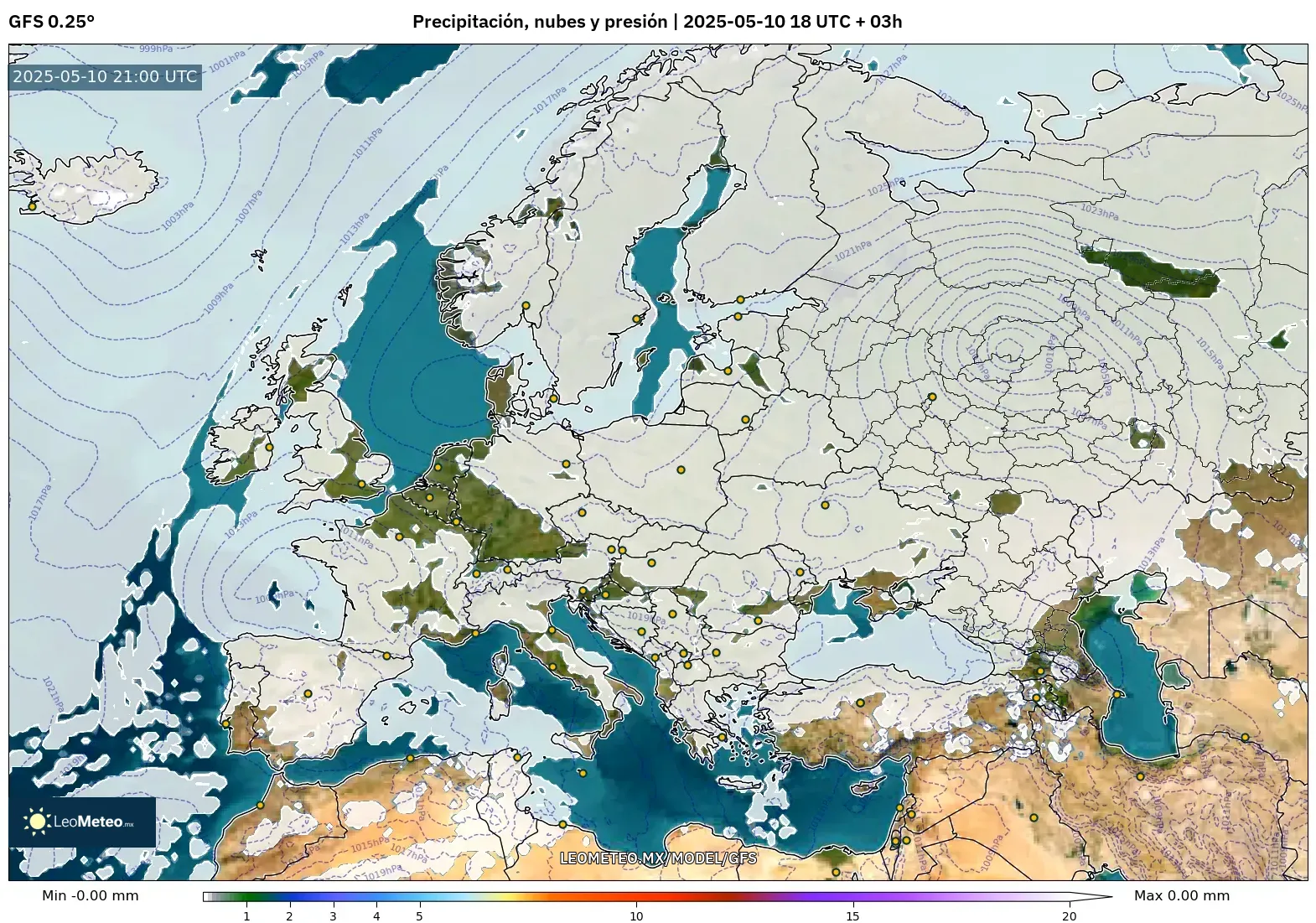 GFS - Europa, Precipitación, nubes y presión