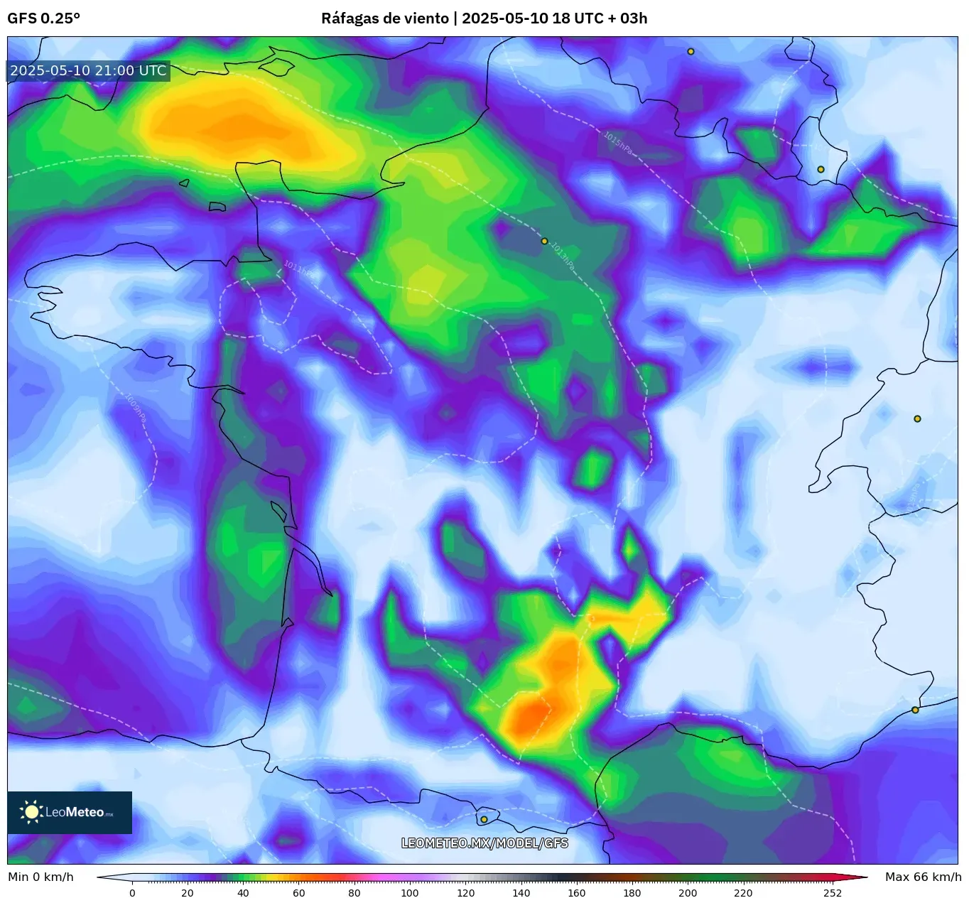 GFS - Francia, Ráfagas de viento GFS - Francia, Ráfagas de viento