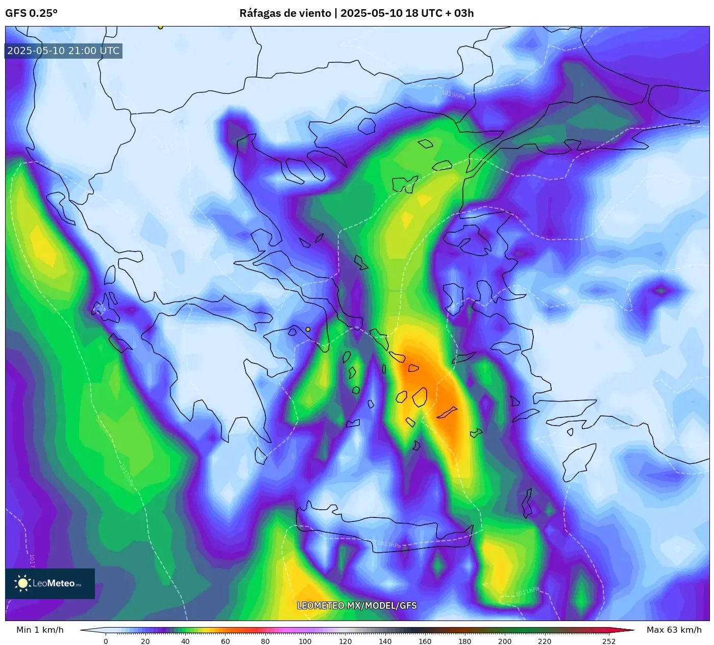 GFS - Grecia, Ráfagas de viento GFS - Grecia, Ráfagas de viento